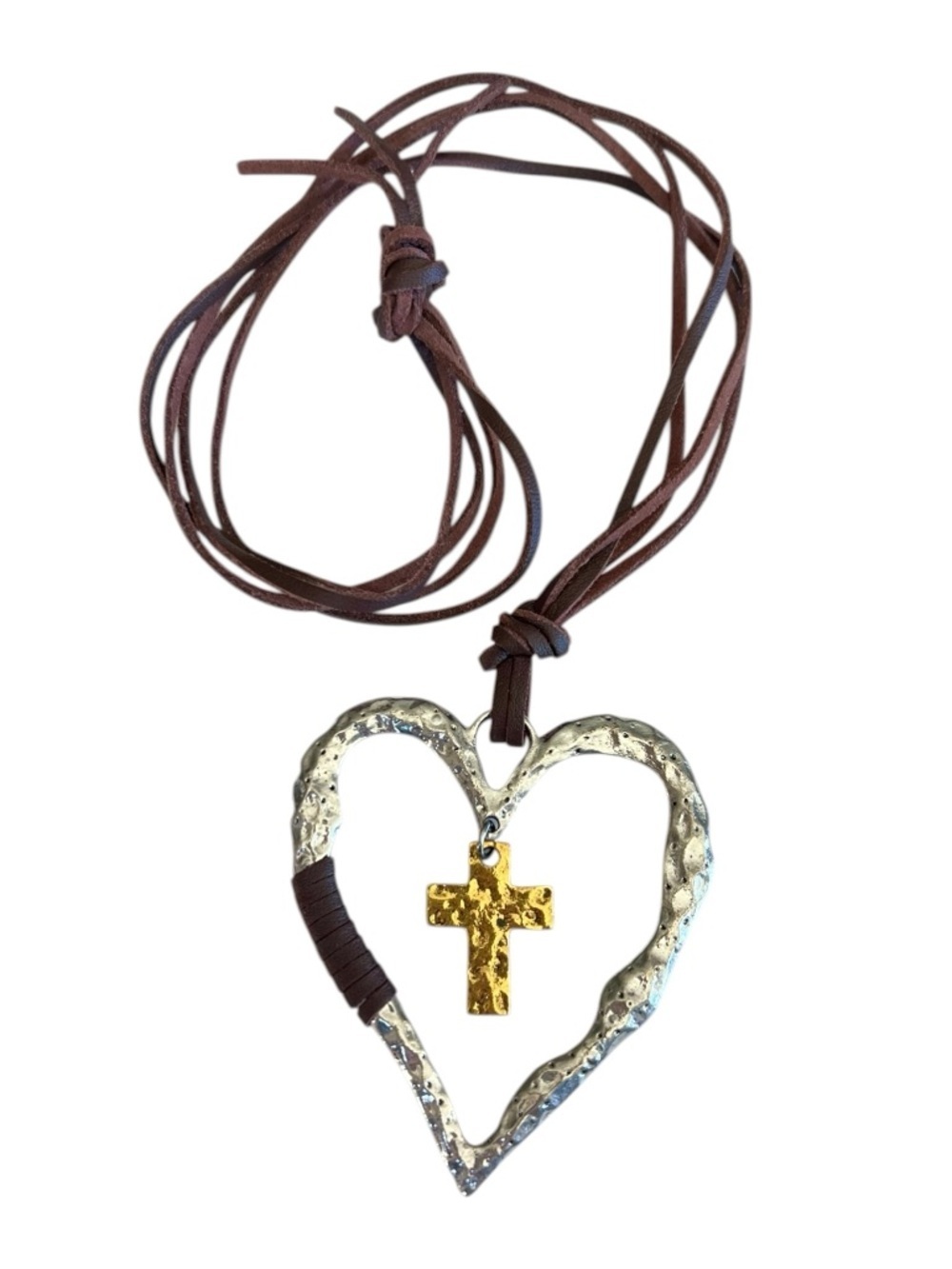 Silver-tone Heart Pendant & Gold-tone Cross Leather Cord Adjustable Necklace
